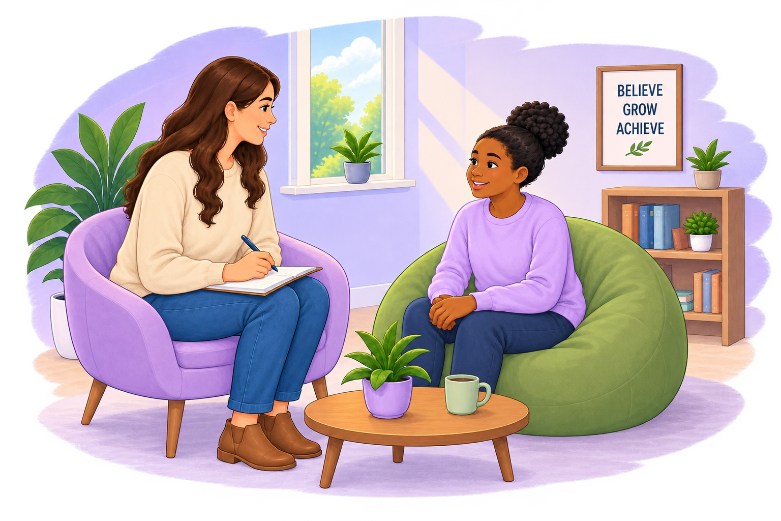 A therapist sitting with a young person during a session